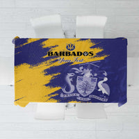 Square tablecloth with Barbados-style coat of arms flag pattern, blue and yellow