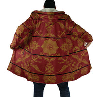 Red hooded cloak blanket with gold decorative print, back view and cape drape