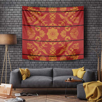Red and gold patterned tapestry blanket with horizontal stripes and traditional motifs