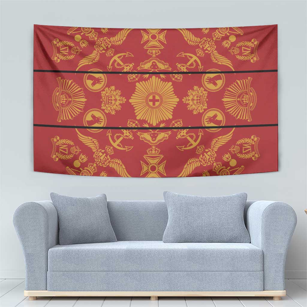 Red tapestry blanket featuring gold circular and star motifs across horizontal stripes