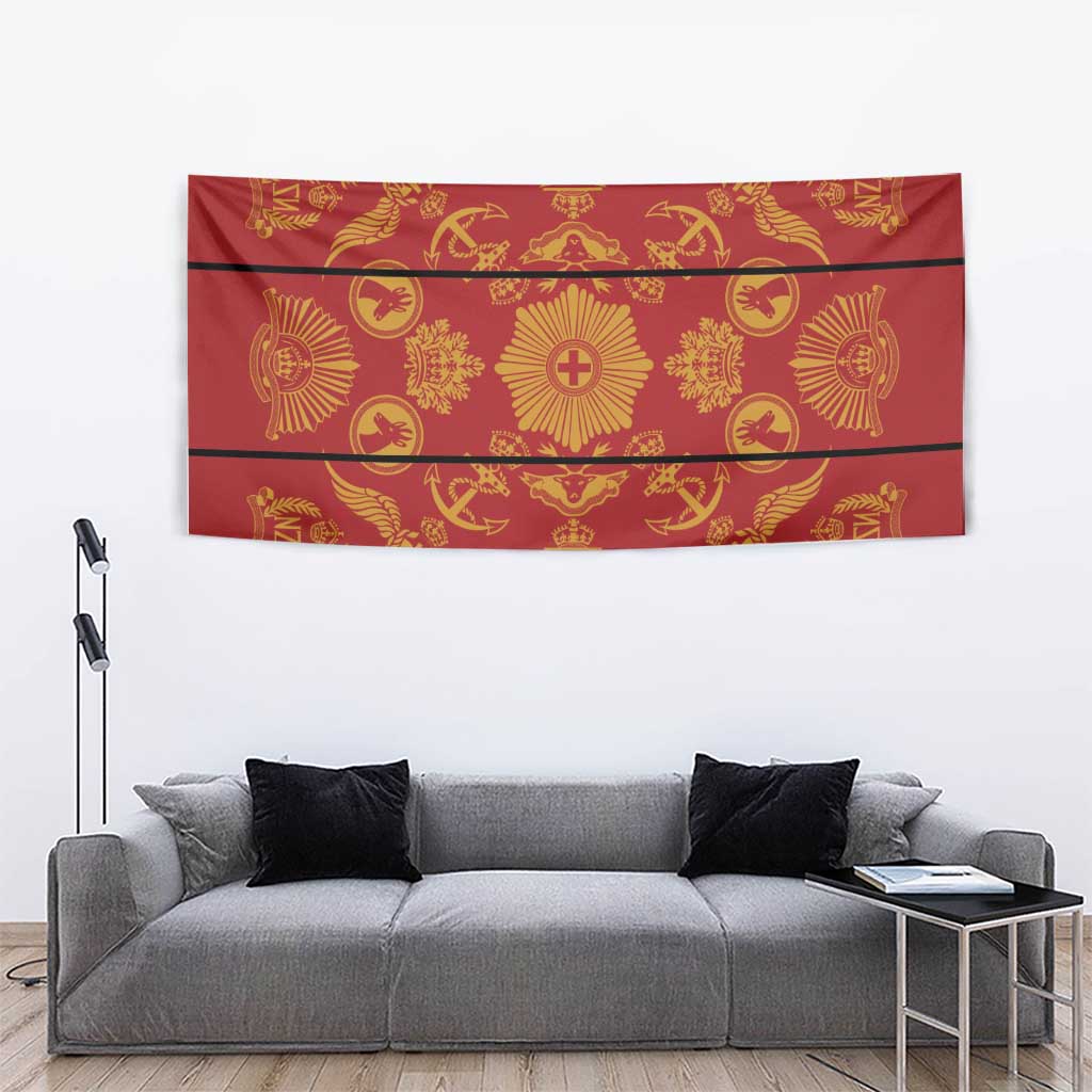 Red and gold tapestry blanket with ornate traditional motifs and banded layout
