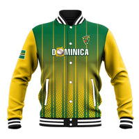 Green and yellow cricket baseball jacket with DOMINICA front crest and button closure