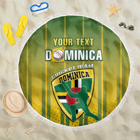 Round Dominica cricket beach blanket with green-yellow stripes and white fringe
