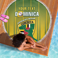 Round Dominica cricket beach blanket with green-yellow stripes and white fringe border