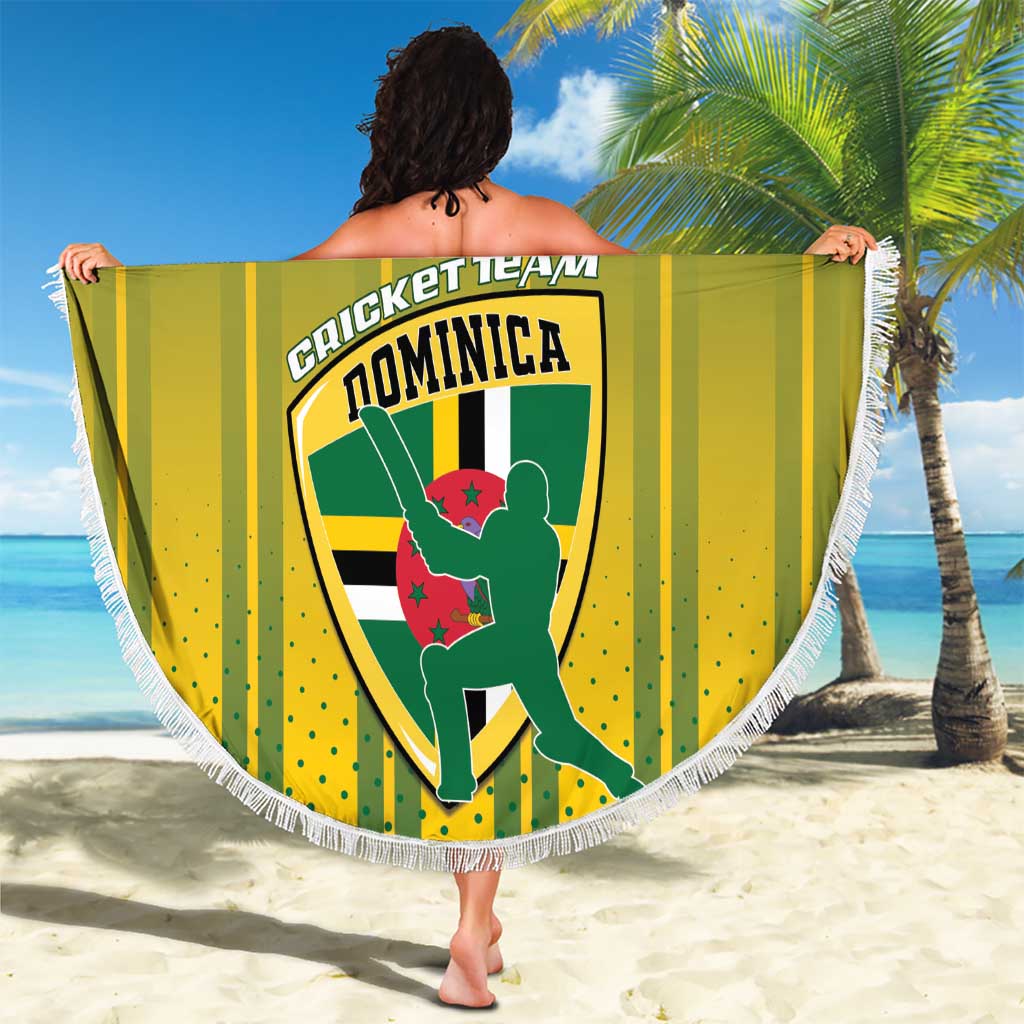 Round Dominica cricket beach blanket with green-yellow striped design and white fringe