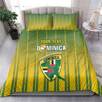 Dominica cricket bedding set on bed with green/yellow striped duvet and pillowcases