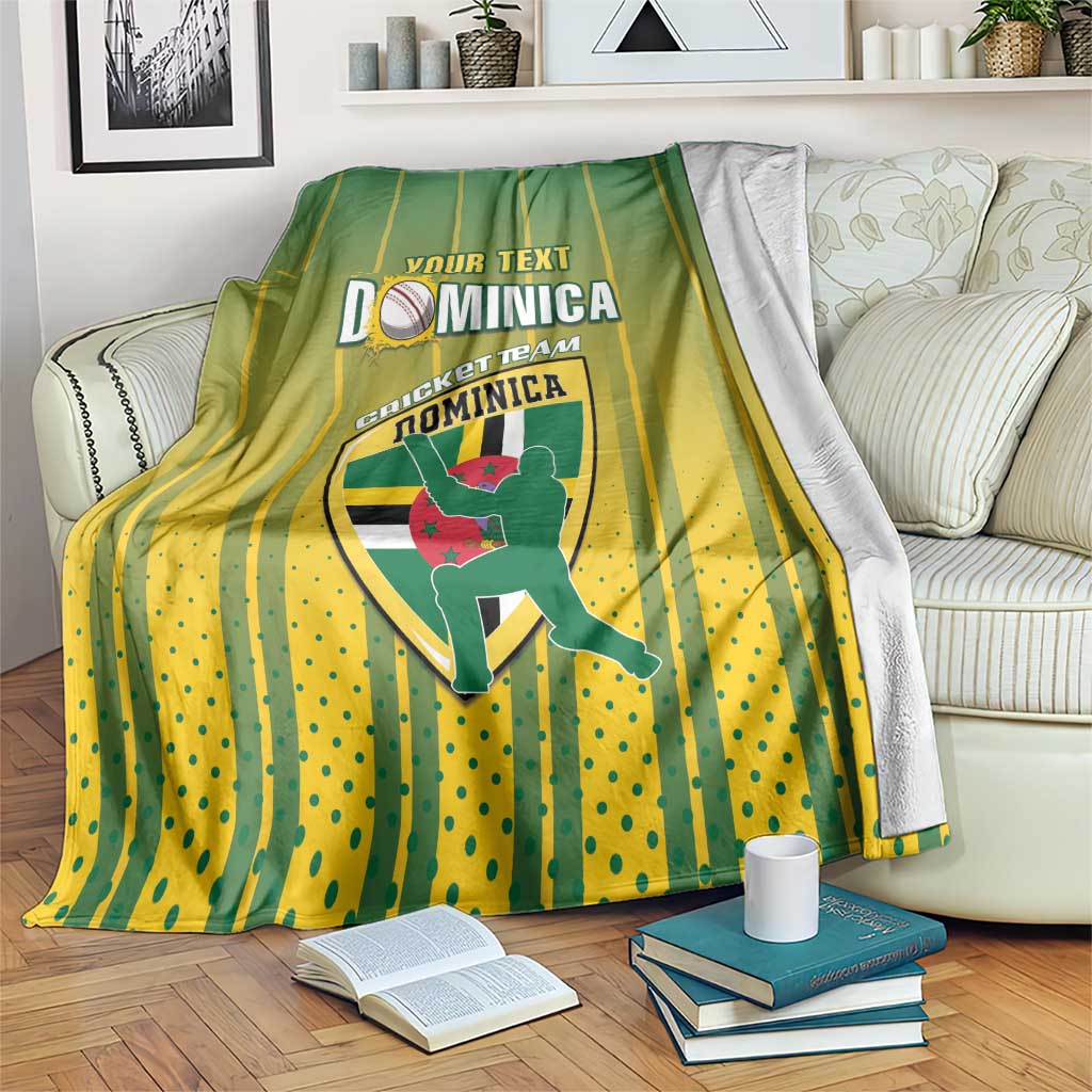 Cricket blanket with green and yellow striped design and Dominica team graphic