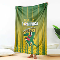 Draped cricket blanket, green and yellow vertical stripes with Dominica crest