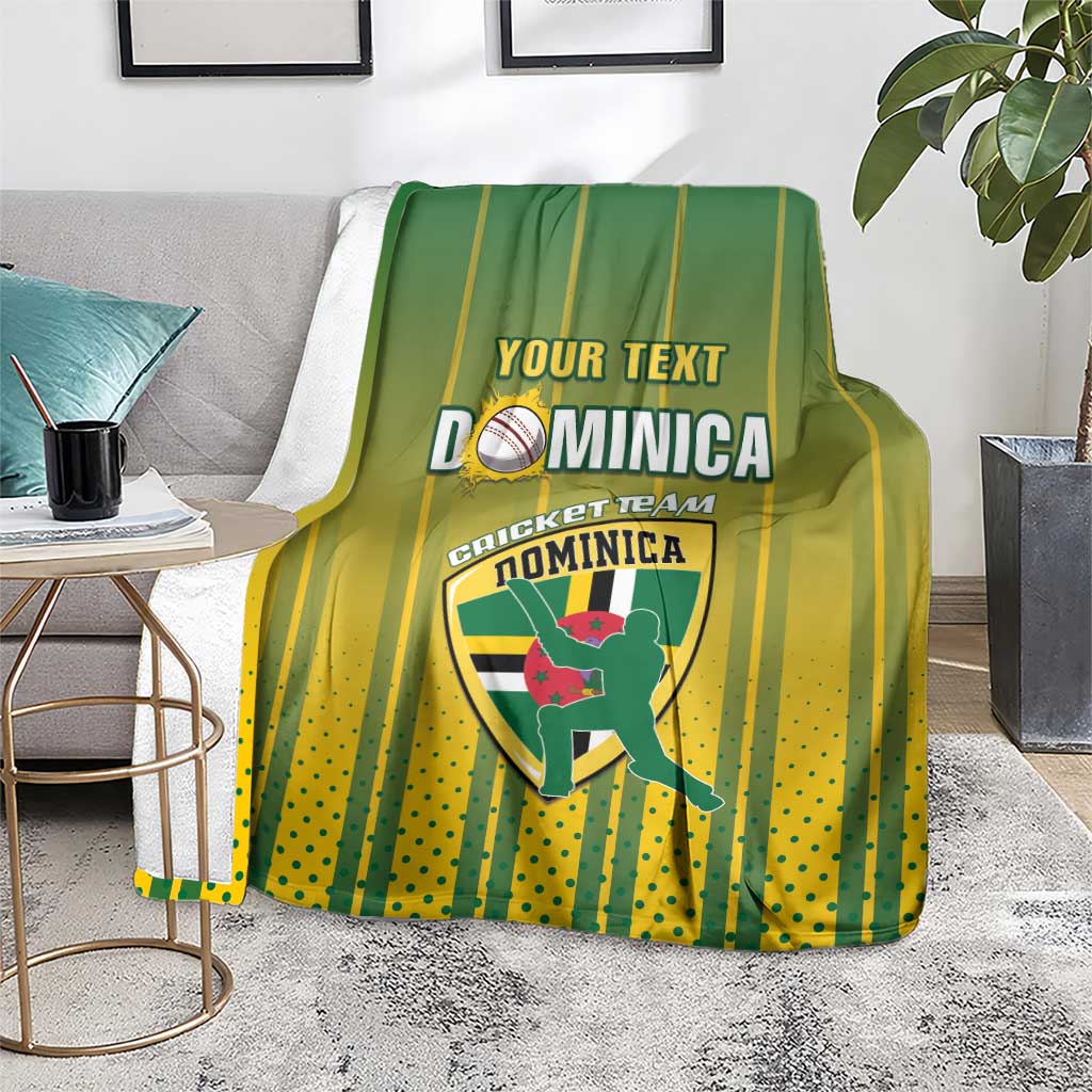 Cricket blanket over chair, green and yellow stripes with Dominica team graphic