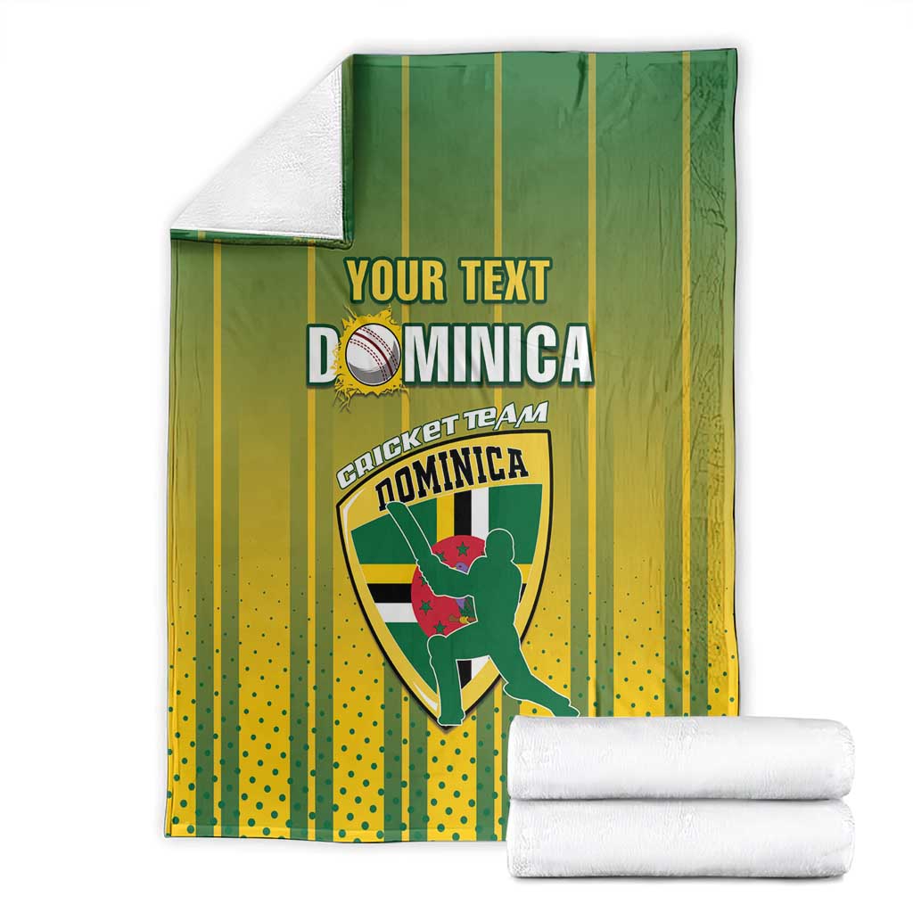 Cricket blanket with stacked white towels, green and yellow Dominica team design