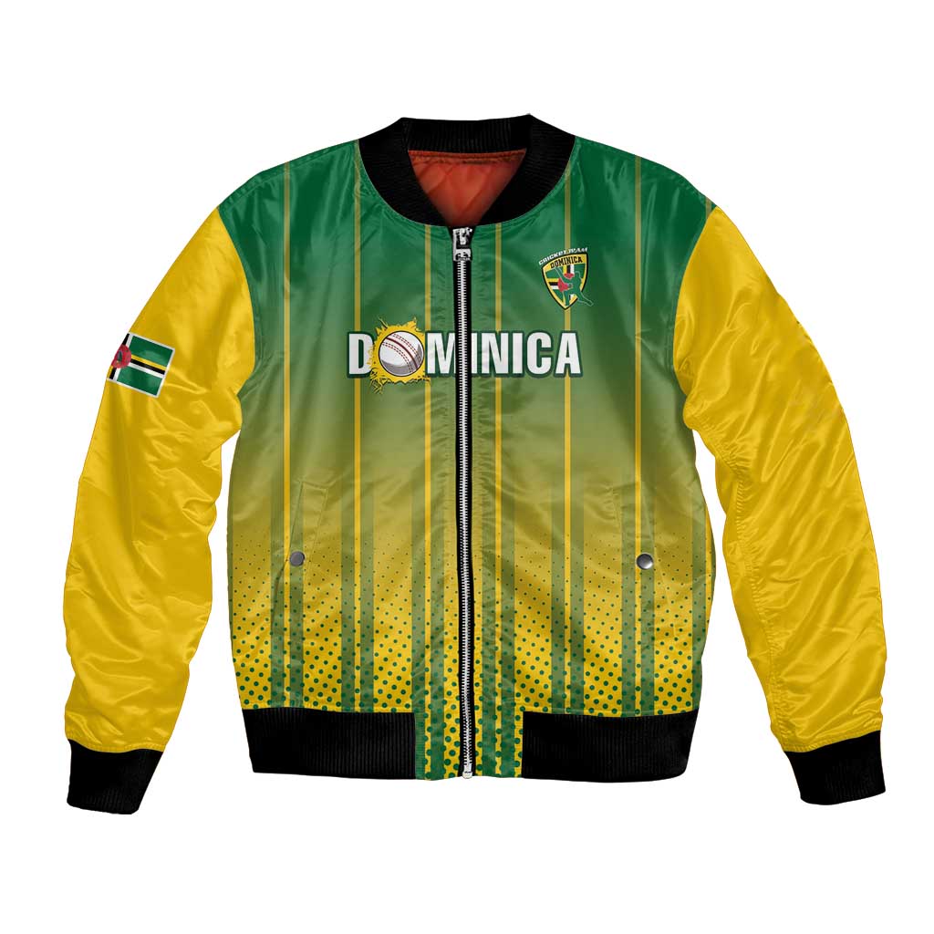 Green and yellow unisex cricket bomber jacket with full zip, ribbed collar, and front crest