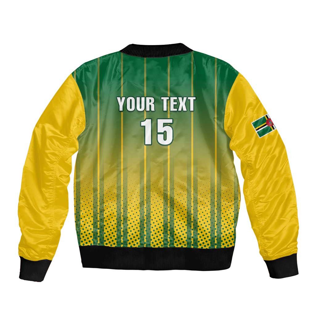 Green and yellow cricket bomber jacket with ribbed hem and back print, including number 15