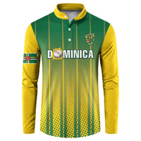 Green and yellow cricket button sweatshirt with striped front, crest and DOMINICA text
