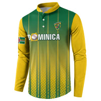 Green and yellow cricket button sweatshirt with striped front, crest and DOMINICA lettering