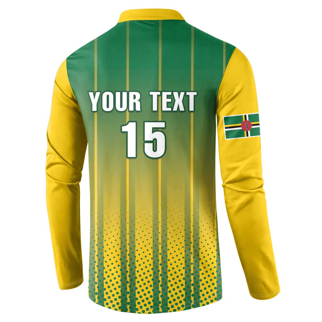 Green and yellow cricket button sweatshirt back with YOUR TEXT 15 and sleeve badge