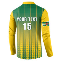 Green and yellow cricket button sweatshirt back with YOUR TEXT 15 and sleeve badge