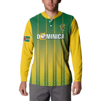 Green and yellow cricket button sweatshirt with striped front, crest and DOMINICA logo