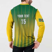 Green and yellow cricket button sweatshirt back with YOUR TEXT 15 and sleeve flag badge