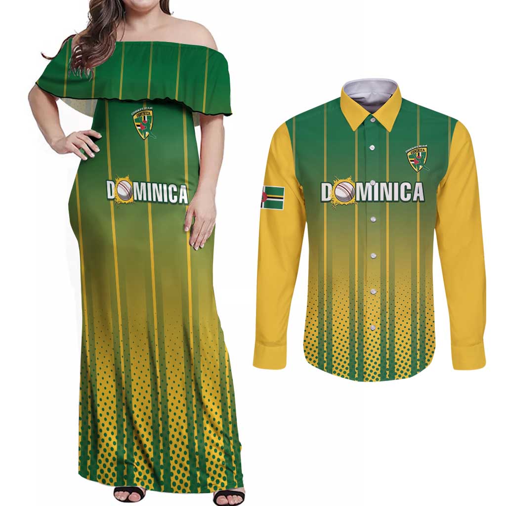 Custom Dominica Cricket Couples Matching Off Shoulder Maxi Dress and Long Sleeve Button Shirt Sporty Style - Wonder Print Shop