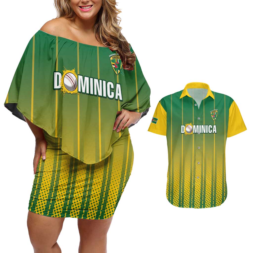 Custom Dominica Cricket Couples Matching Off Shoulder Short Dress and Hawaiian Shirt Sporty Style - Wonder Print Shop