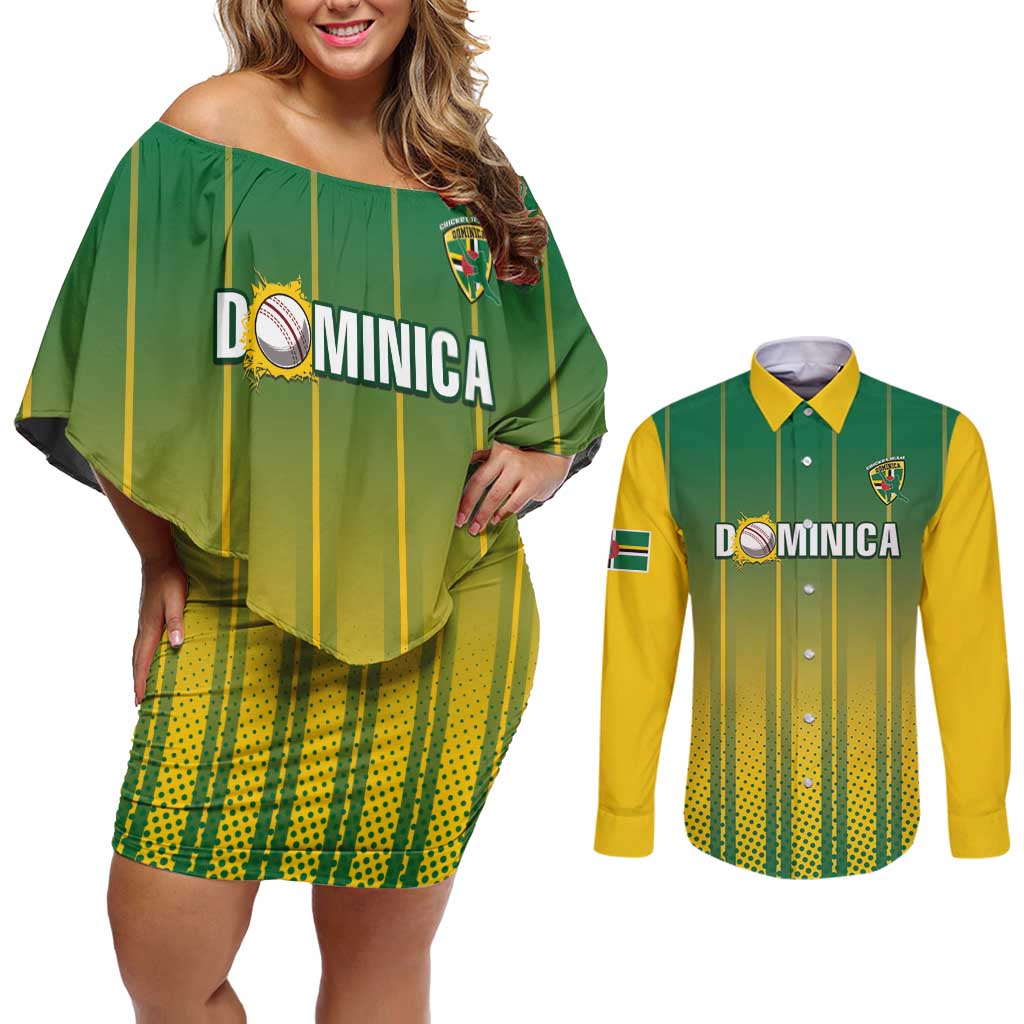 Custom Dominica Cricket Couples Matching Off Shoulder Short Dress and Long Sleeve Button Shirt Sporty Style - Wonder Print Shop