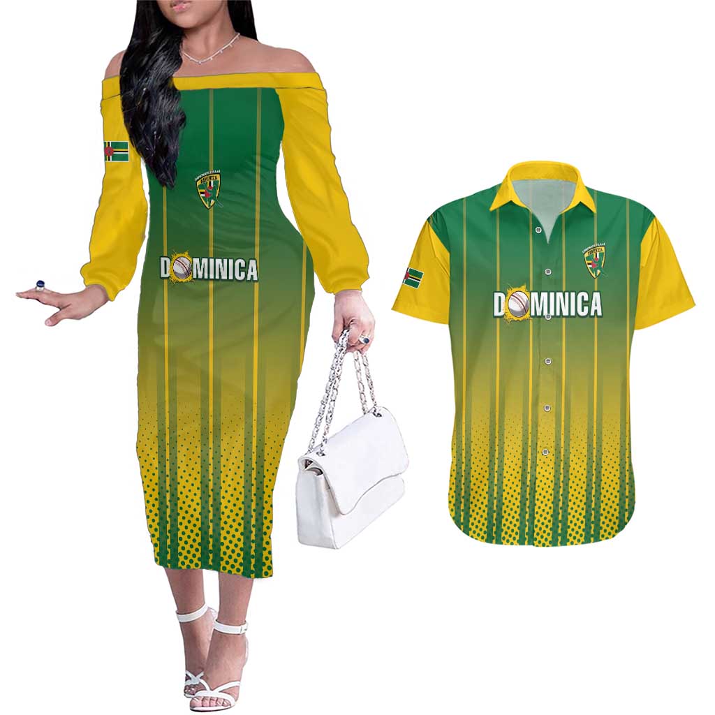 Custom Dominica Cricket Couples Matching Off The Shoulder Long Sleeve Dress and Hawaiian Shirt Sporty Style - Wonder Print Shop