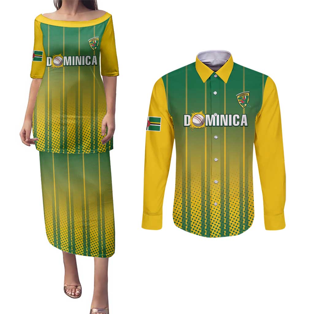 Custom Dominica Cricket Couples Matching Puletasi and Long Sleeve Button Shirt Sporty Style - Wonder Print Shop