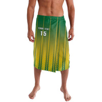 Yellow-green cricket lavalava with number 15 and vertical stripe pattern, knee length