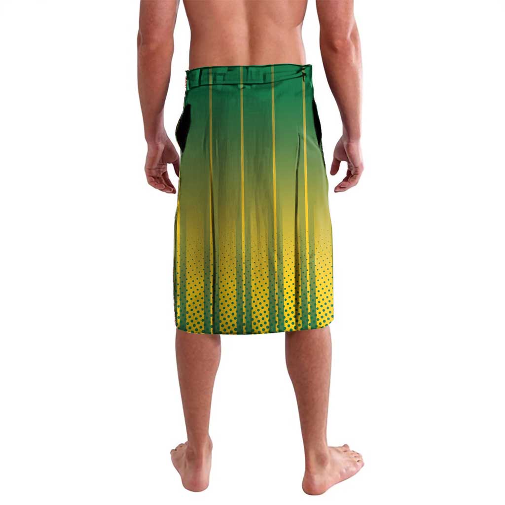 Green cricket lavalava with yellow gradient stripes and number pattern, knee length