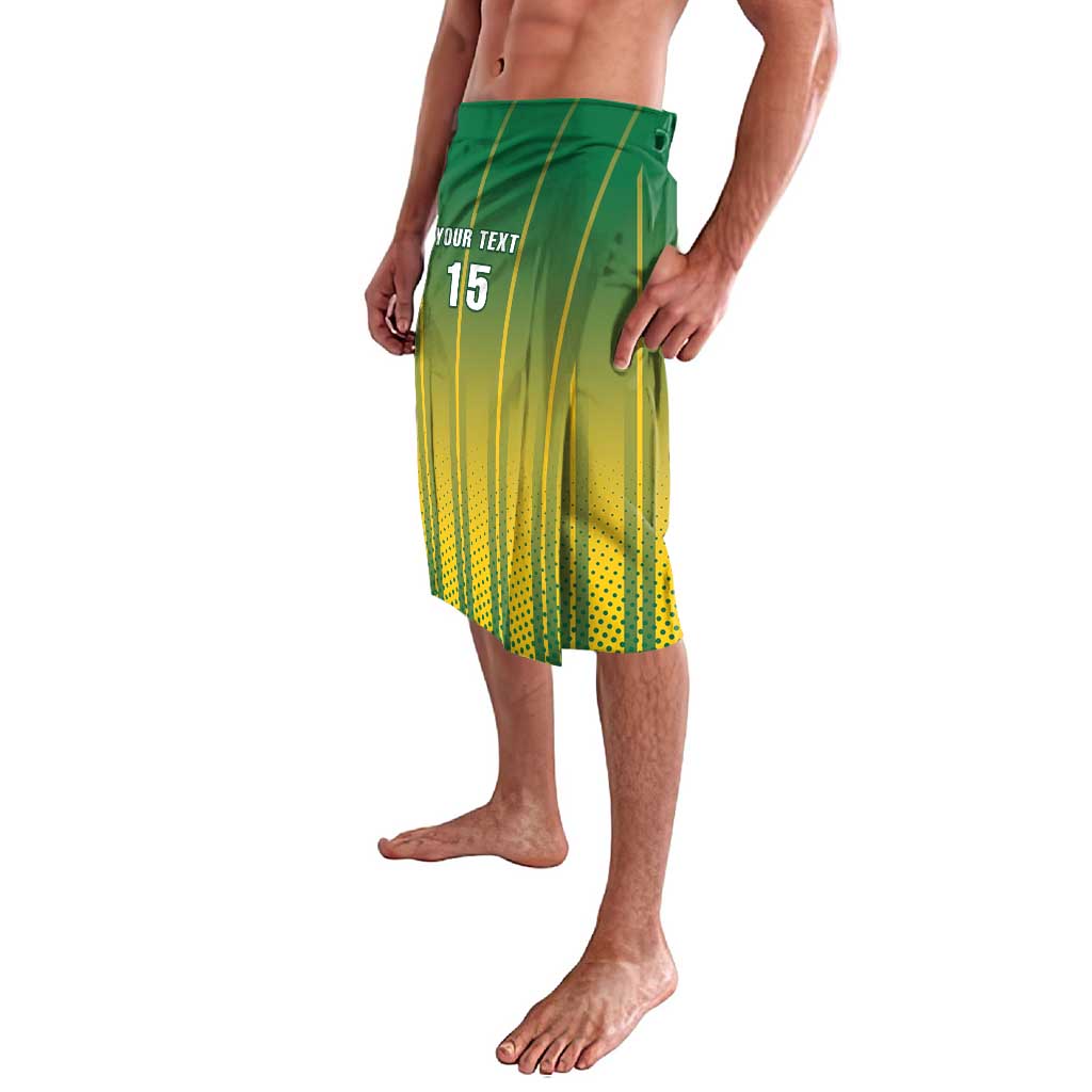 Green-yellow cricket lavalava skirt with number 15 print and vertical lines, knee length