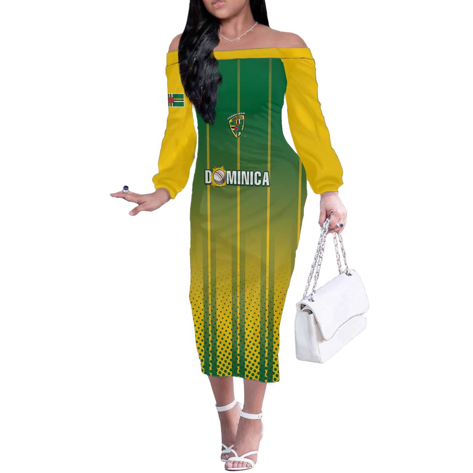 Custom Dominica Cricket Off The Shoulder Long Sleeve Dress Sporty Style - Wonder Print Shop