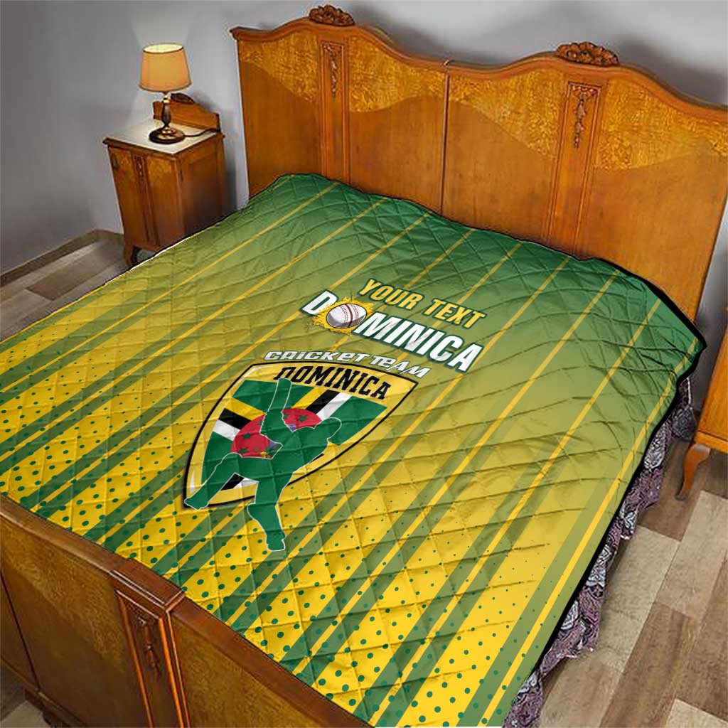 Green and yellow Dominica cricket quilt with quilted texture, custom text and crest