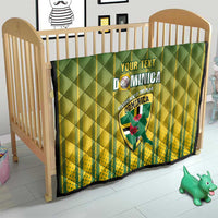 Green and yellow Dominica cricket quilt on wooden crib, quilted design with custom text