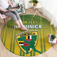 Round green and yellow cricket rug with Dominica team graphic, shown on floor