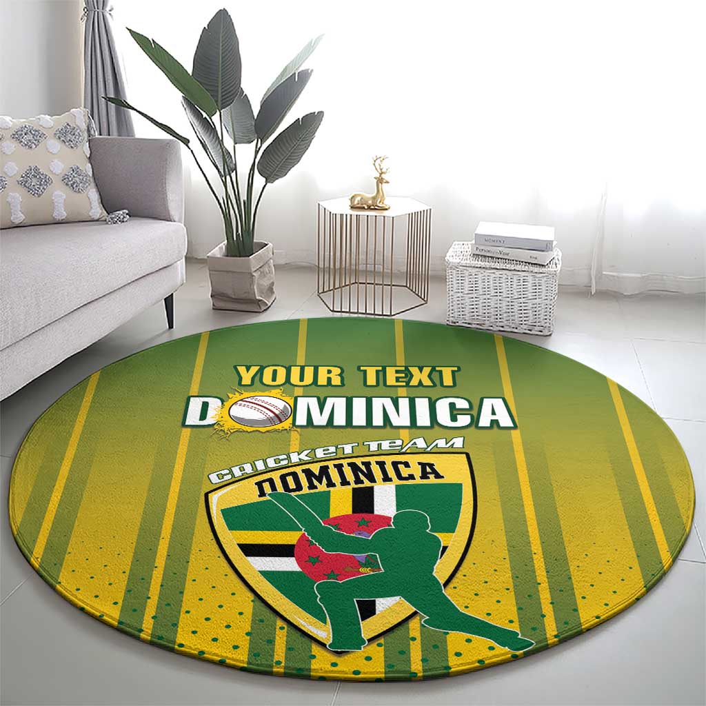 Round green and yellow cricket rug with Dominica team logo, centered in living room