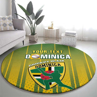 Round green and yellow cricket rug with Dominica team logo, centered in living room