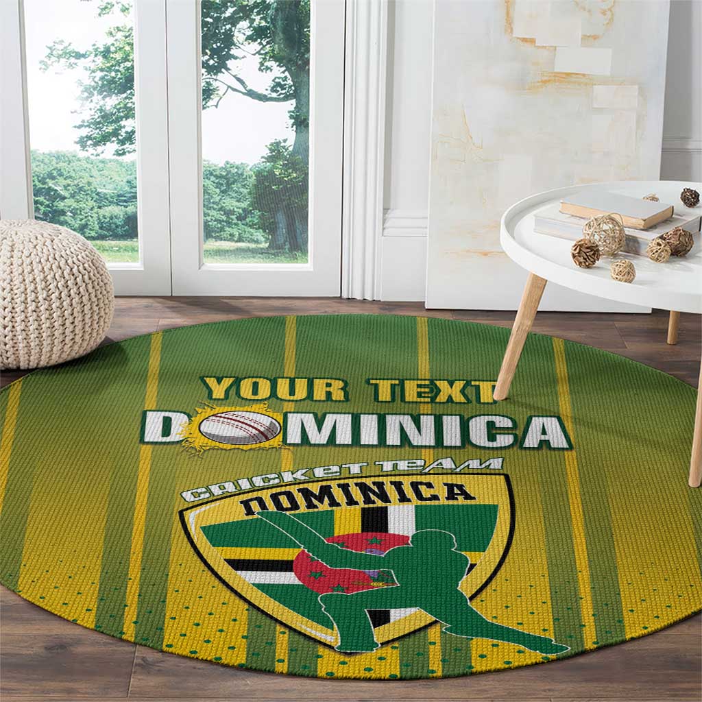 Round green and yellow cricket rug with Dominica team graphic, laid on wooden floor