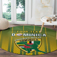 Round green and yellow cricket rug with Dominica team graphic, laid on wooden floor