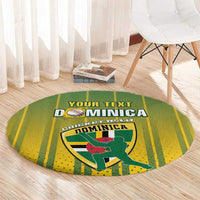 Round green and yellow cricket rug with Dominica team graphic, edge visible on floor