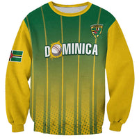 Yellow cricket sweatshirt with green vertical stripes and Dominica logo front