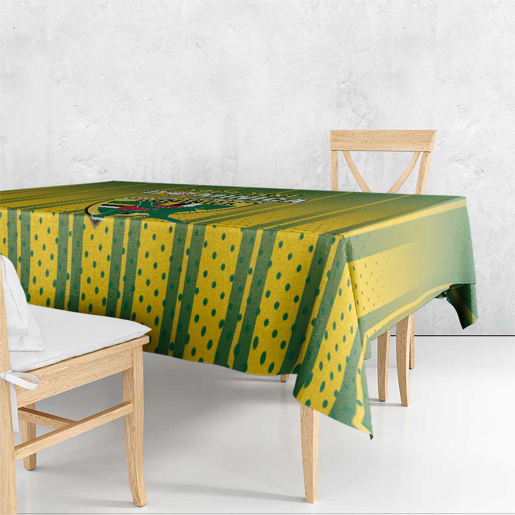 Rectangular green and yellow cricket-themed tablecloth with striped and dot pattern