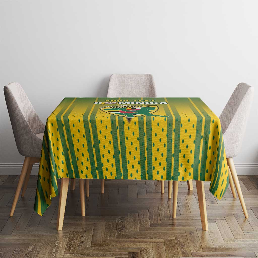 Green and yellow striped cricket tablecloth on a dining table with four chairs