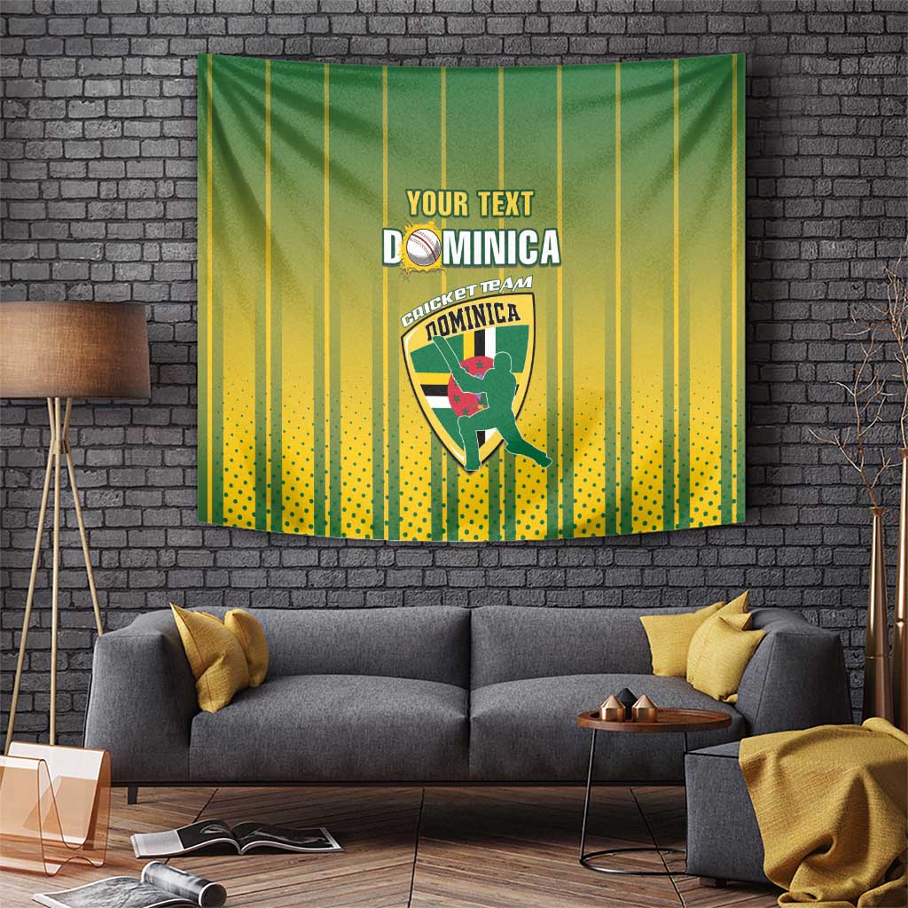 Green and yellow striped tapestry with Dominica cricket team emblem