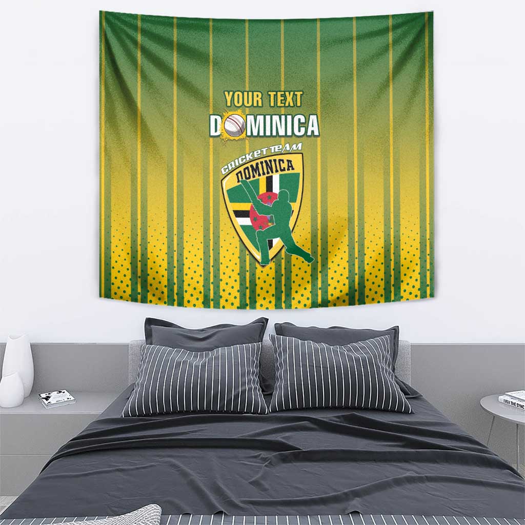 Green and yellow vertical striped wall hanging tapestry with Dominica cricket emblem