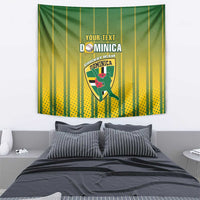 Green and yellow vertical striped wall hanging tapestry with Dominica cricket emblem