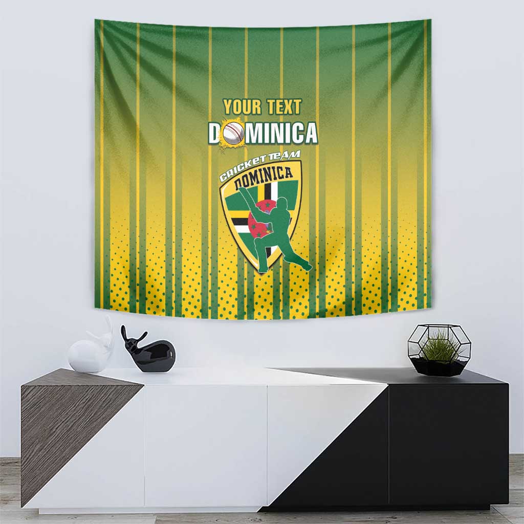 Green and yellow vertical striped cricket wall tapestry with Dominica emblem