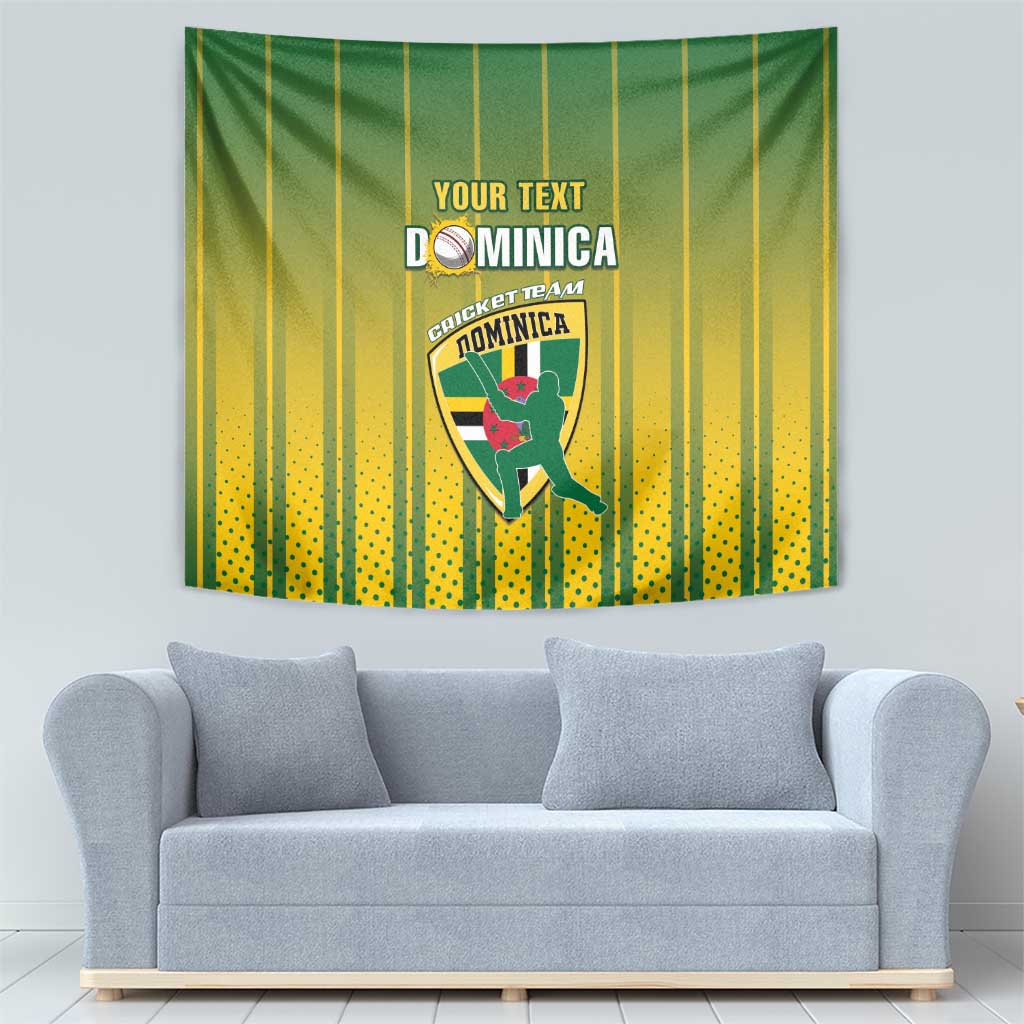 Green and yellow striped cricket tapestry with Dominica custom text and crest