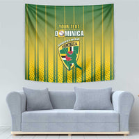 Green and yellow striped cricket tapestry with Dominica custom text and crest
