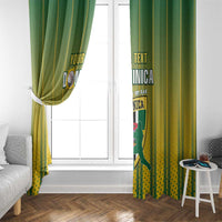Green and yellow cricket window curtains with custom text and hanging header at window