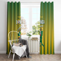 Window curtains with green and yellow striped fabric, cricket team logo, and custom text